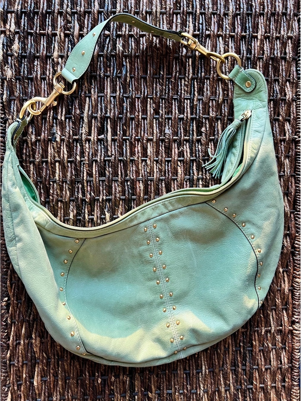 Vintage Fossil Seafoam Green Leather Studded Hobo Bag